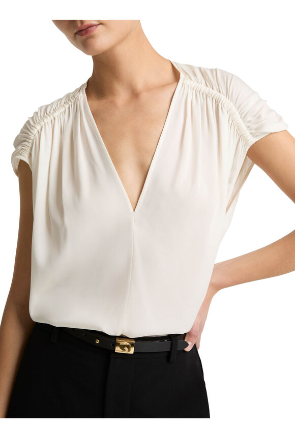 Vince Off White Stretch Silk Gathered Cap-Sleeve Blouse - view 4