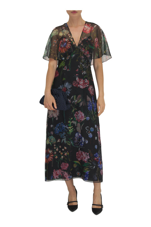 Lela Rose - Black Multi Floral Organza V-Neck Dress 