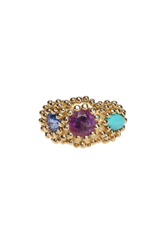 Garnazelle 18k Yellow Gold Turquoise Sapphire & Amethyst Ring