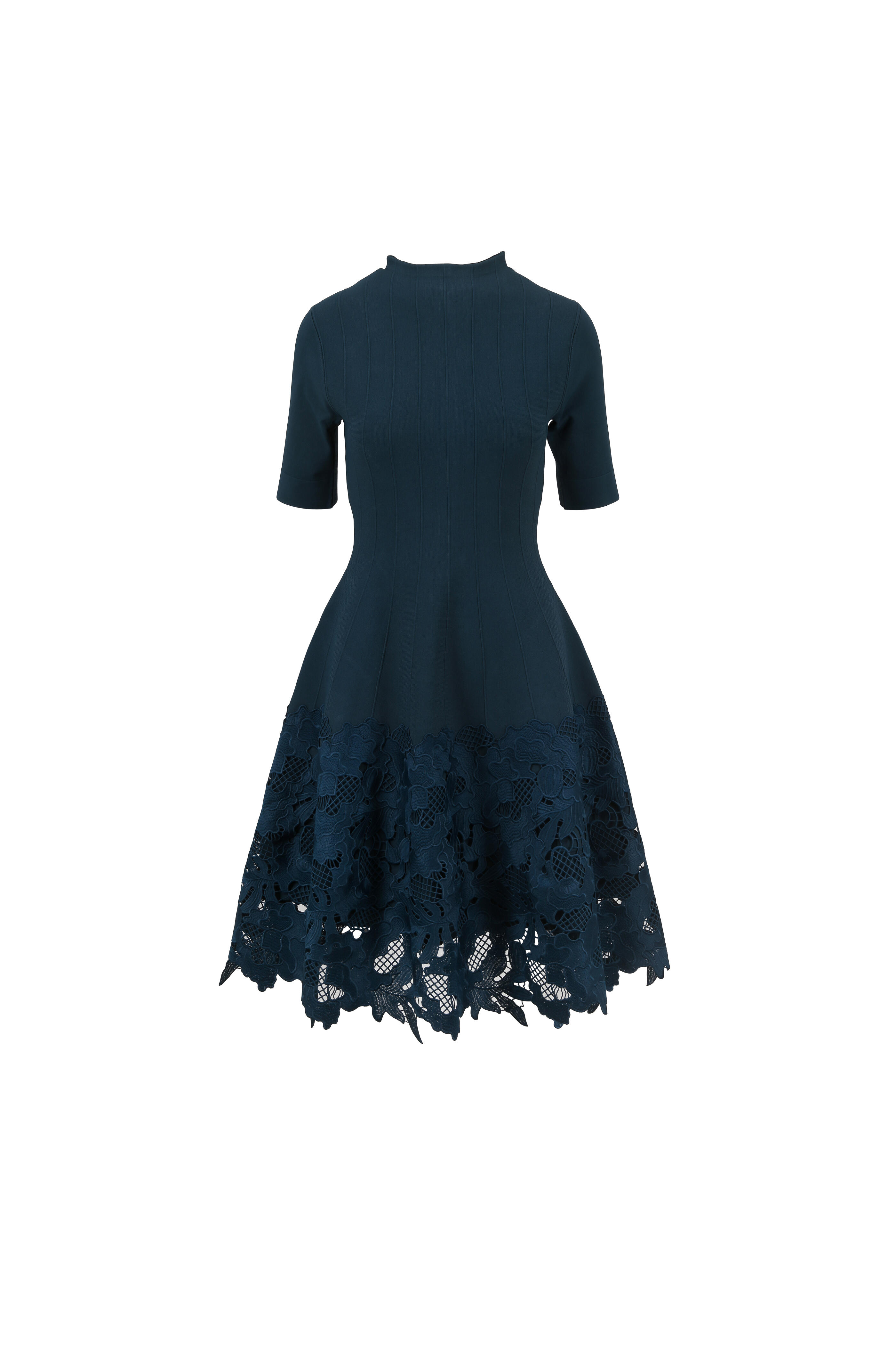 Lela Rose - Teal Ottoman Ribbed Guipure Lace Hem Dress
