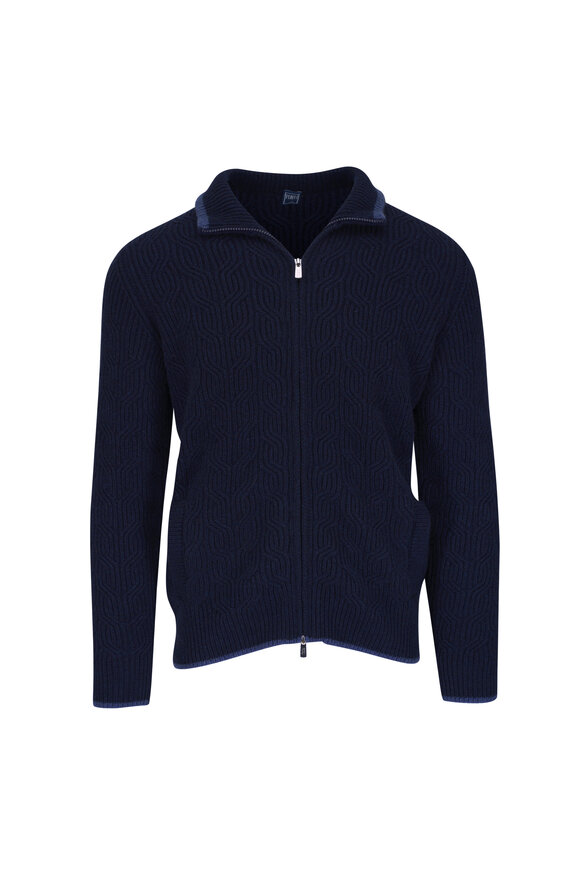 Fedeli Navy Tipped Cashmere Full Zip Sweater