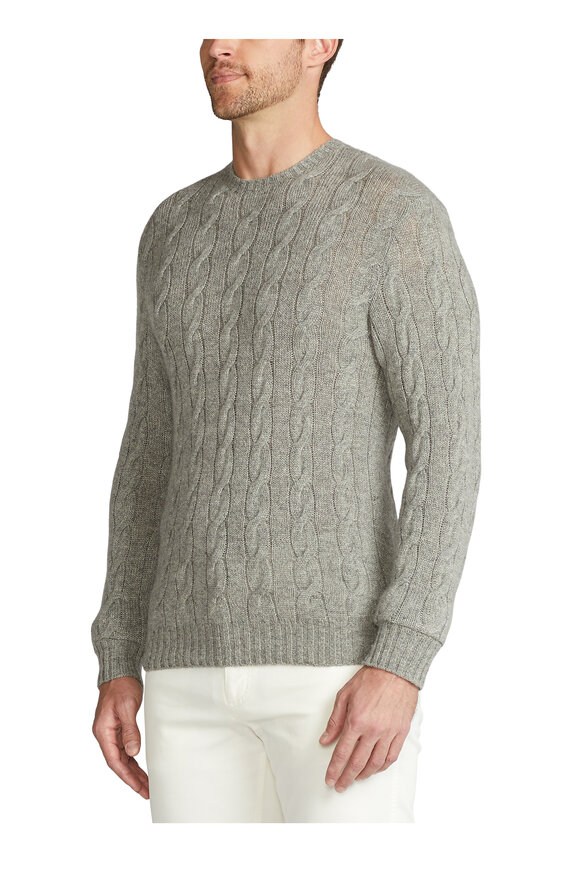 Ralph Lauren Purple Label - Light Gray Cashmere Cable Knit Crewneck Sweater