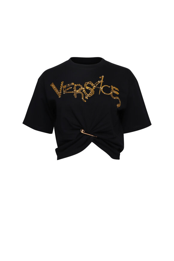 Versace Black Chain Print Logo Pin T-Shirt