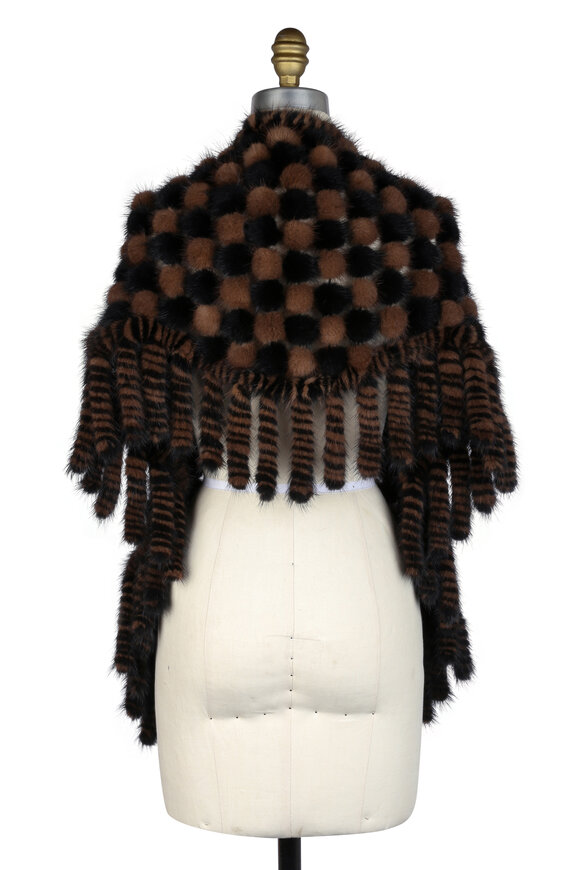 Viktoria Stass - Black & Brown Mink Pompom Triangle Shawl 