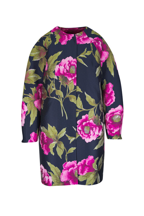 Carolina Herrera Peony Print Multicolor Jacquard Cocoon Coat - view 1