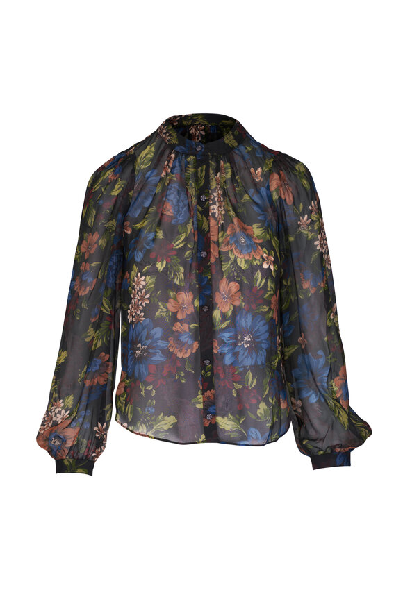 Veronica Beard Ashlynn Black Multi Floral Print Silk Blouse