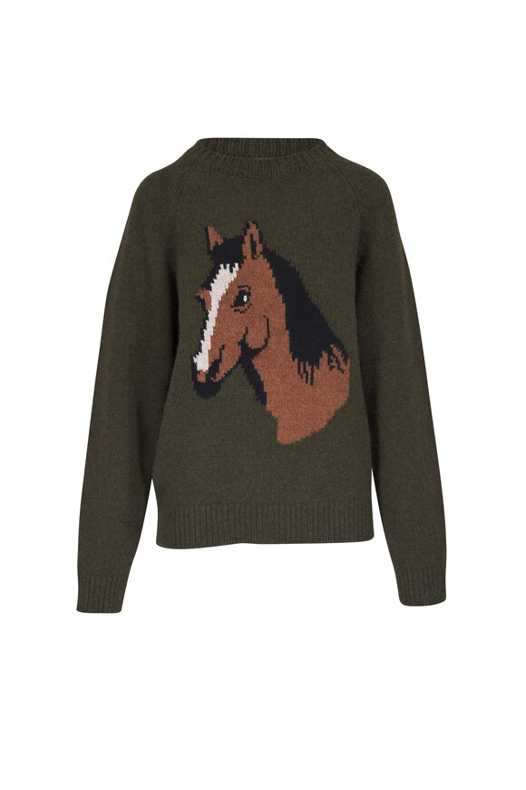 The Elder Statesman Horsey Raglan Dark Olive Crewneck Sweater