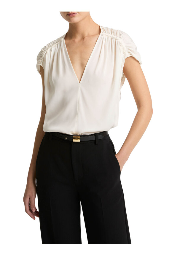 Vince Off White Stretch Silk Gathered Cap-Sleeve Blouse - view 2