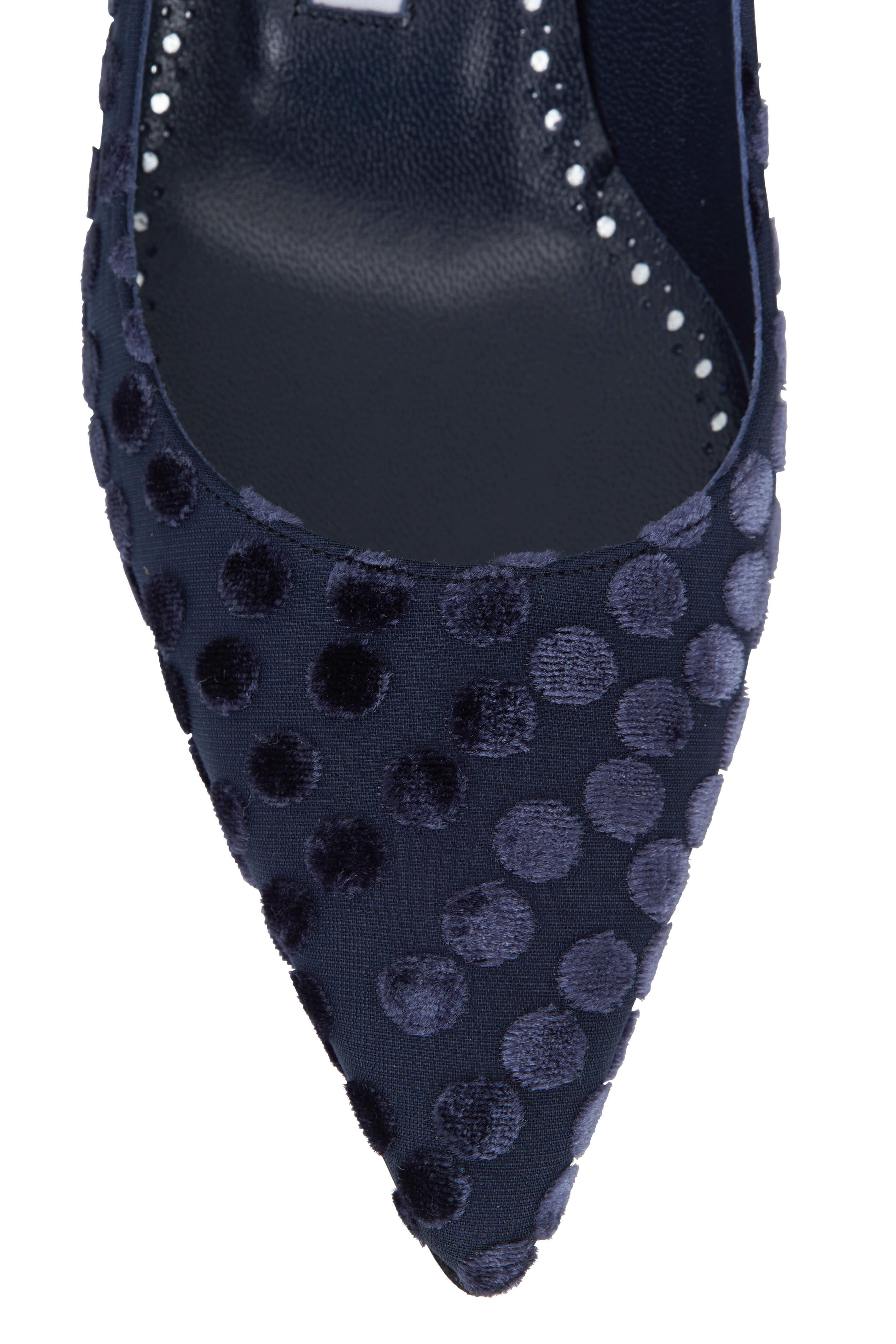 Manolo Blahnik 黒青ポインテッドトゥヒール Manolo Blahnik - Lisa Velvet Tonal Polka Dot Pump, 50mm