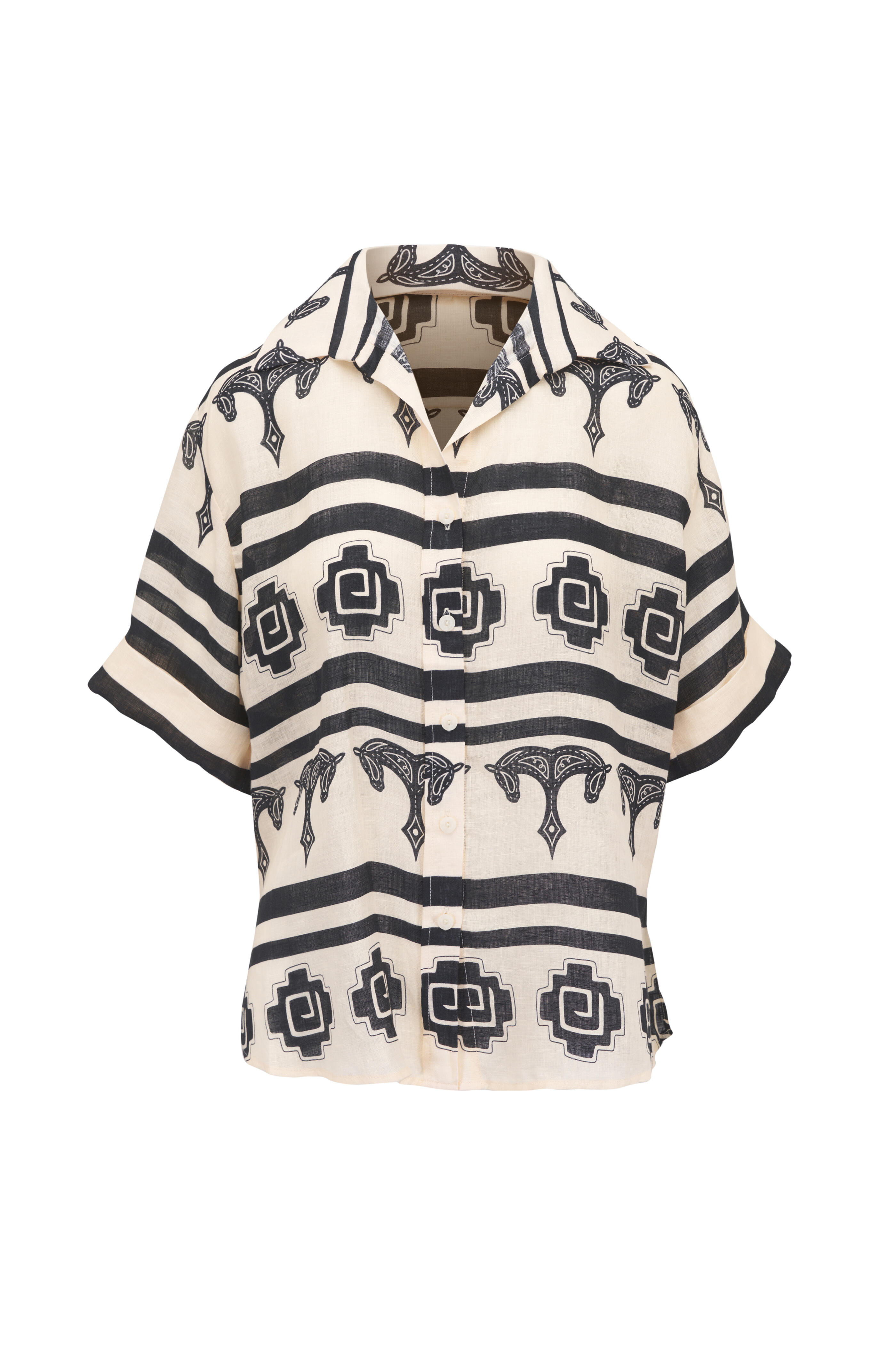 Johanna Ortiz - La Creciente Ecru & Black Linen Blouse