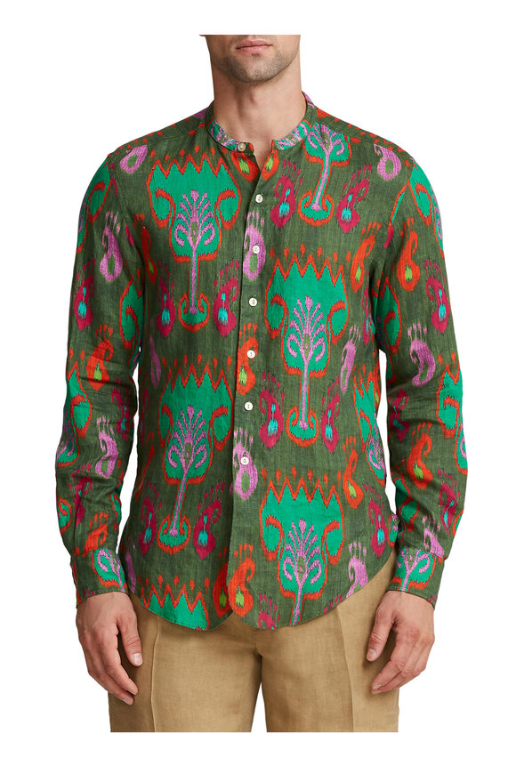 Ralph Lauren Purple Label - Sahara Green Ikat Print Linen Shirt 