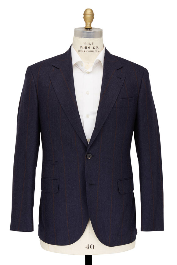 Brunello Cucinelli - Navy Blue Wool Blend Striped Suit