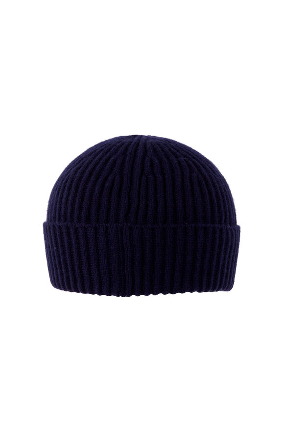 Brunello Cucinelli Solid Navy Ribbed Cashmere Beanie - view 1