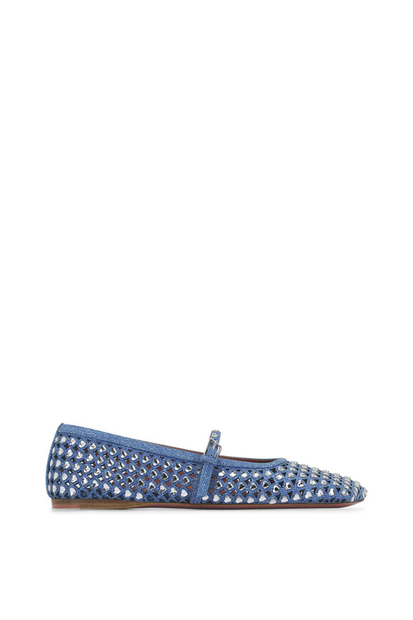 Amina Muaddi - Ane Crystal Heart Studded Denim Flat