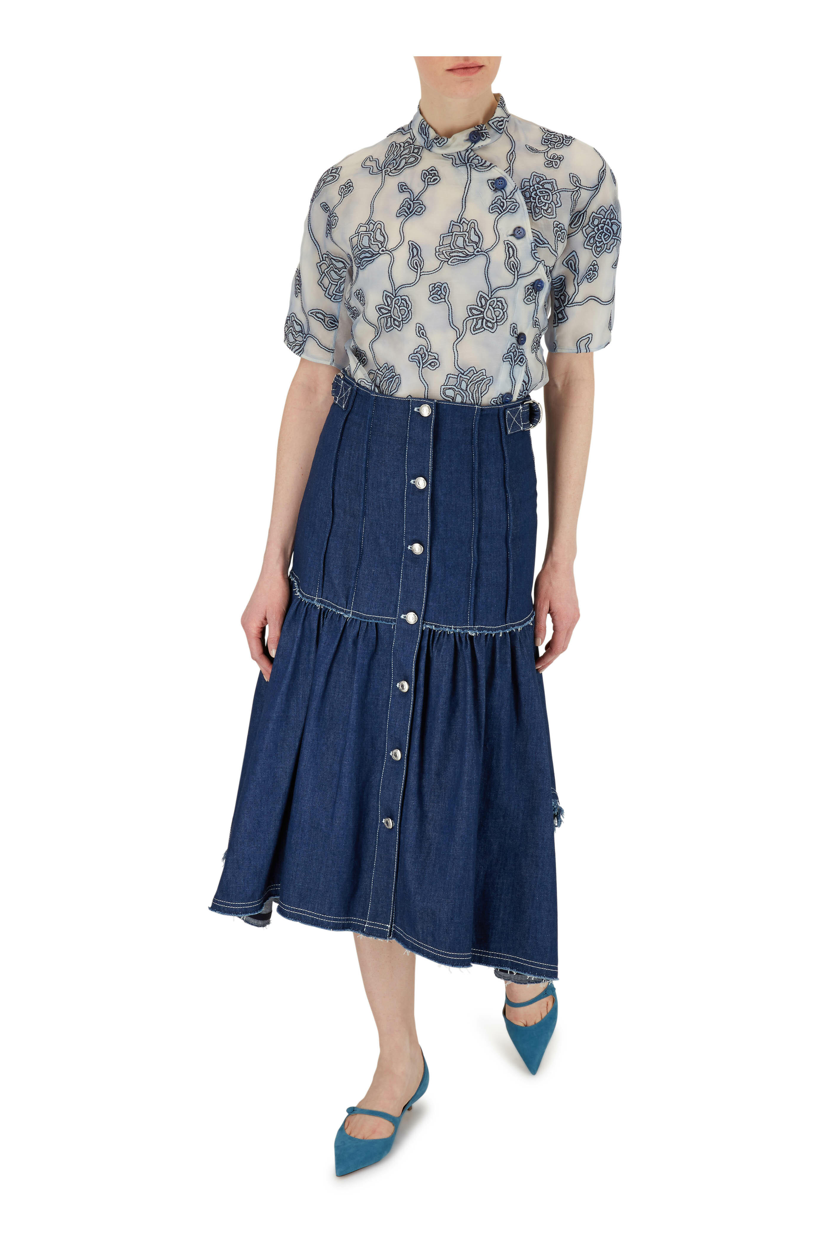 Chloé - Denim Blue Front Button Raw Edge Seam Skirt