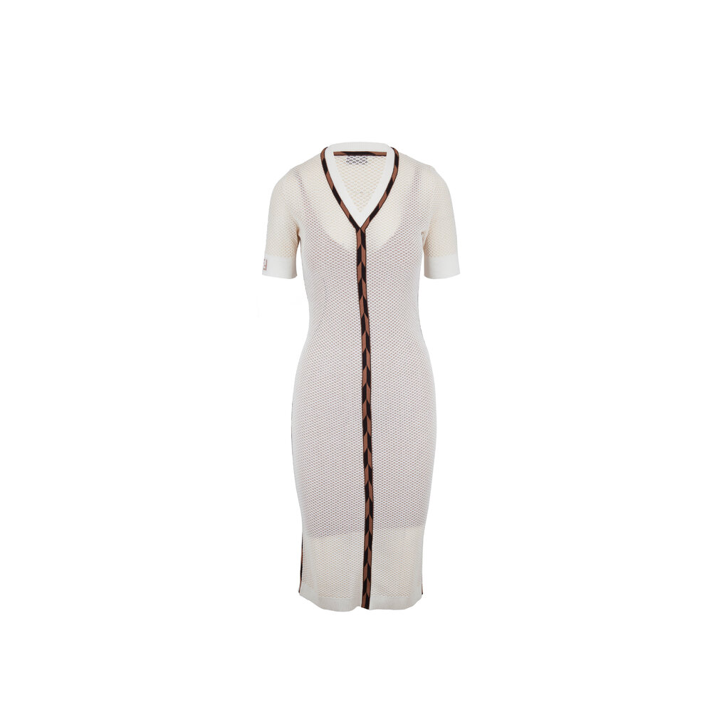Fendi - White Micro Mesh V-Neck Short Sleeve Midi Dress