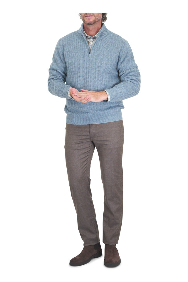 Designer outfit featuring Brown Wool Five Pocket Pant, Santini Brown Plaid Cotton Sport Shirt and 2 other pieces