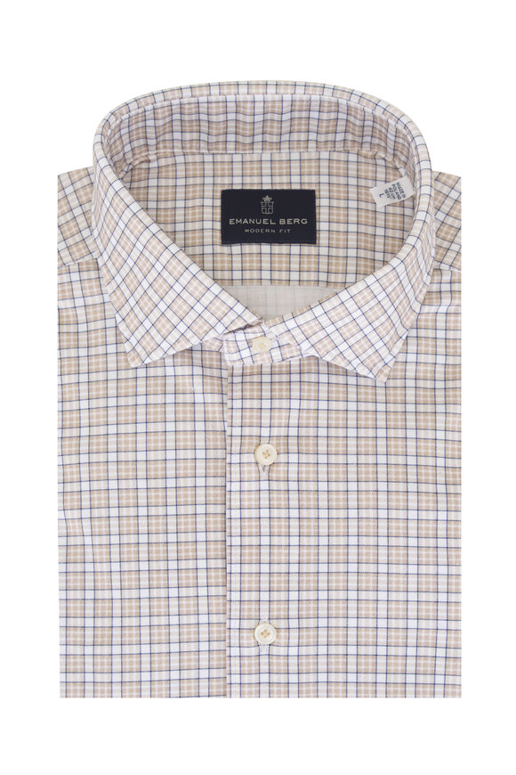 Emanuel Berg Light Brown Check Stretch Cotton Sport Shirt - view 1