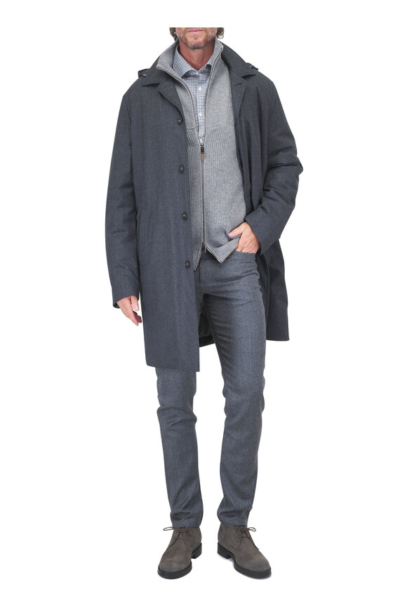 Canali Dark Gray Wool Long Hooded Rain Coat - view 2