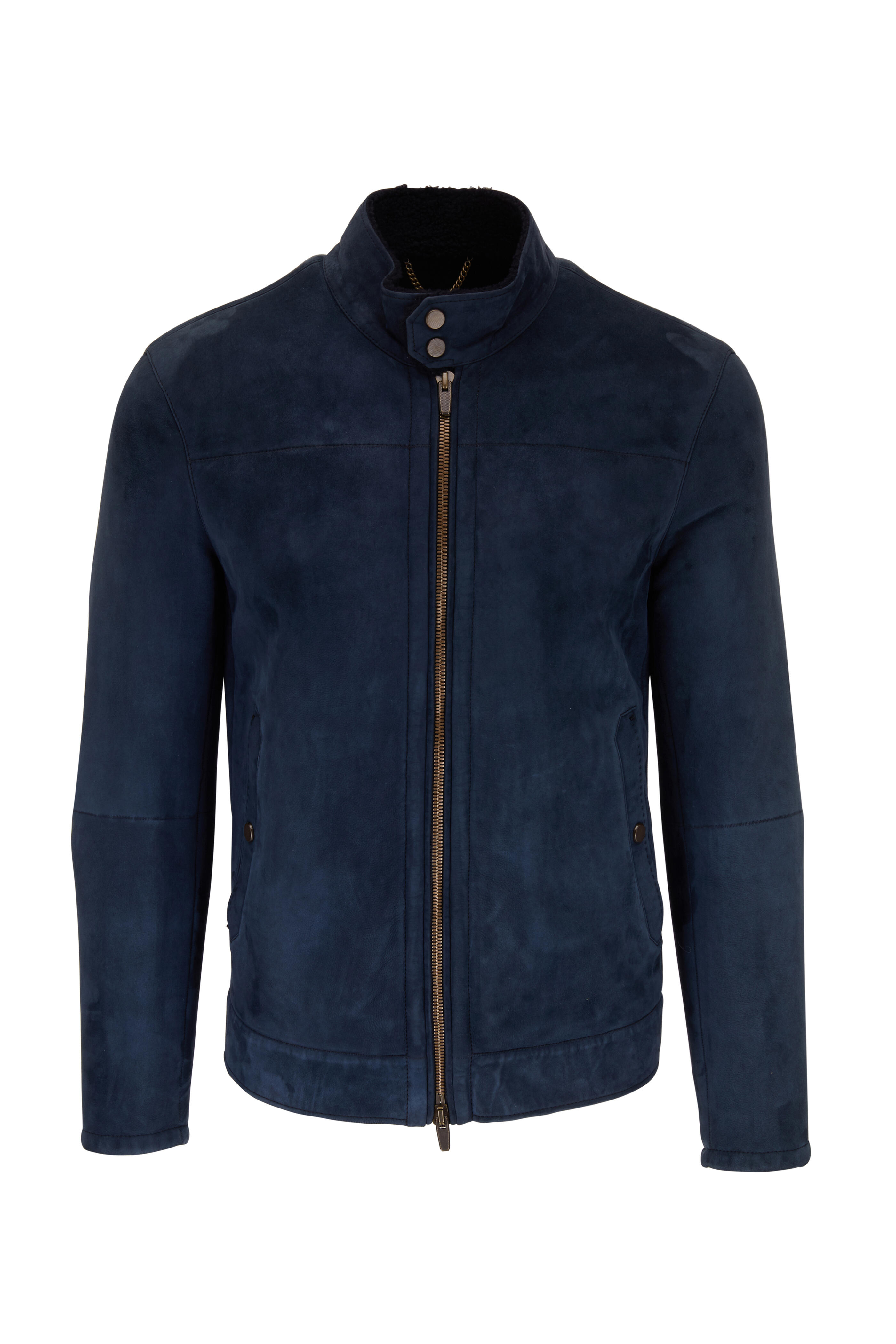 Ajmone - Navy Blue Suede & Shearling Moto Jacket