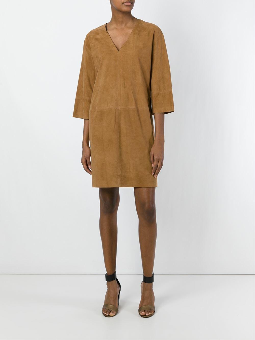 Vince - Khaki Suede Three-Quarter Sleeve Shift Dress