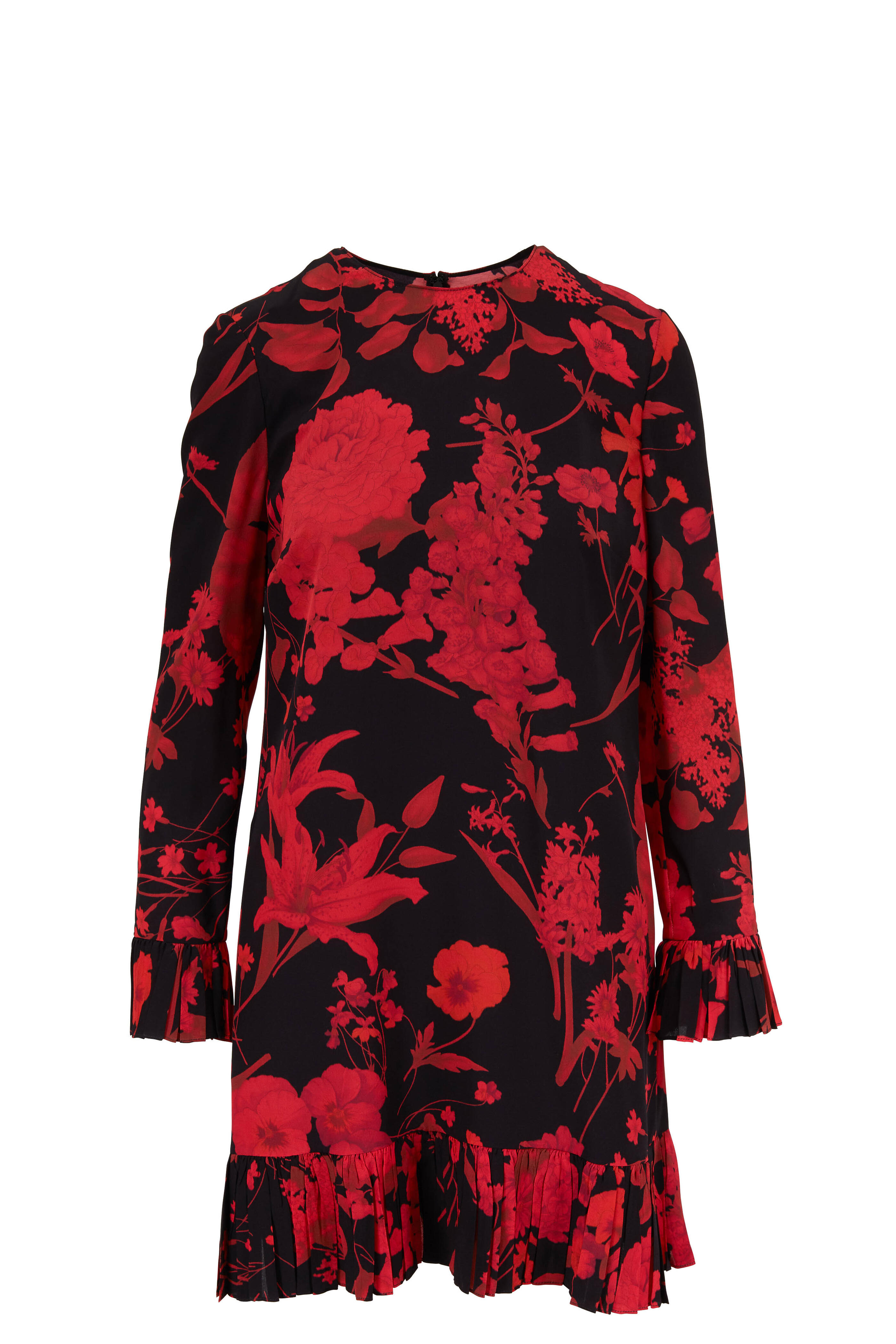 Valentino - Black & Red Silk Floral Print Voulant Dress