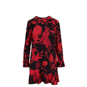 Valentino - Black & Red Silk Floral Print Voulant Dress