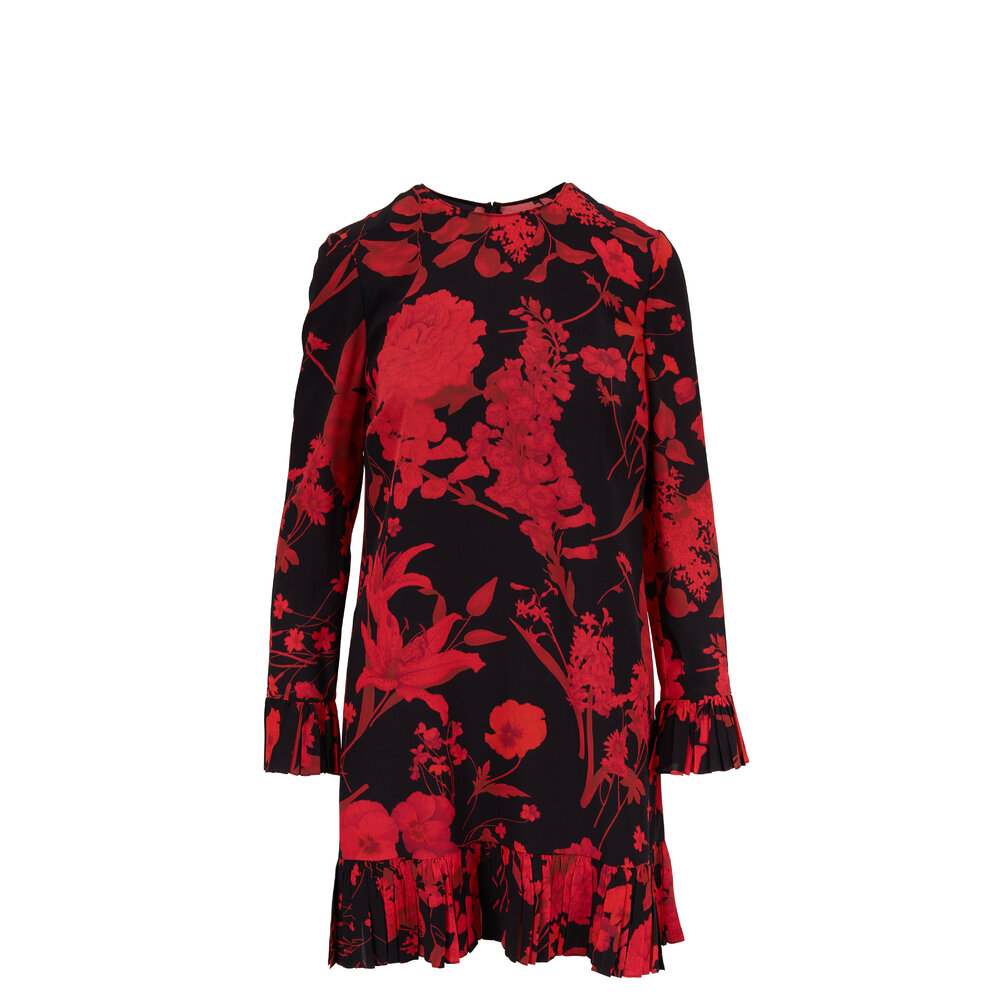 Valentino - Black & Red Silk Floral Print Voulant Dress