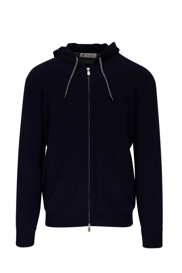 Brunello Cucinelli Navy 2-Ply Cashmere Front Zip Hoodie