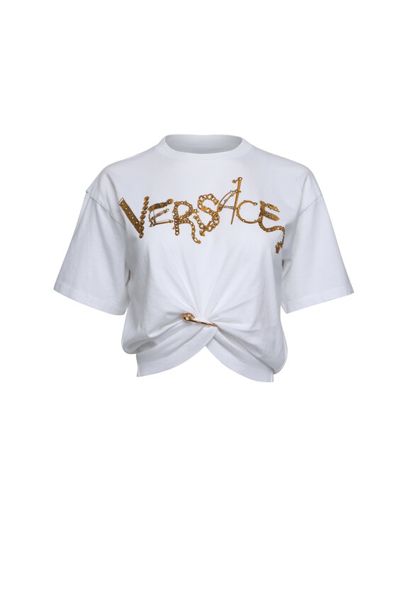 Versace Optic White Chain Print Logo Pin T-Shirt