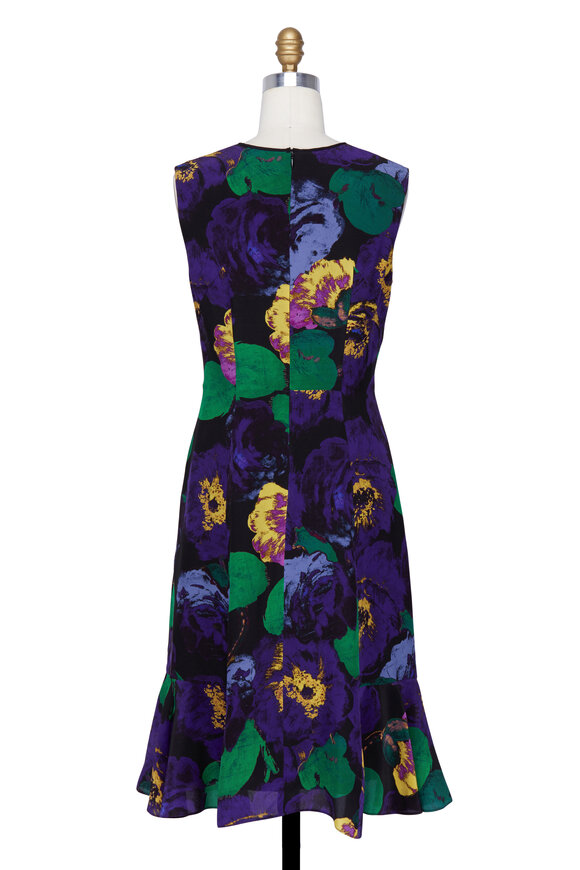 Erdem - Purple Floral Print Silk Panel Sleeveless Dress