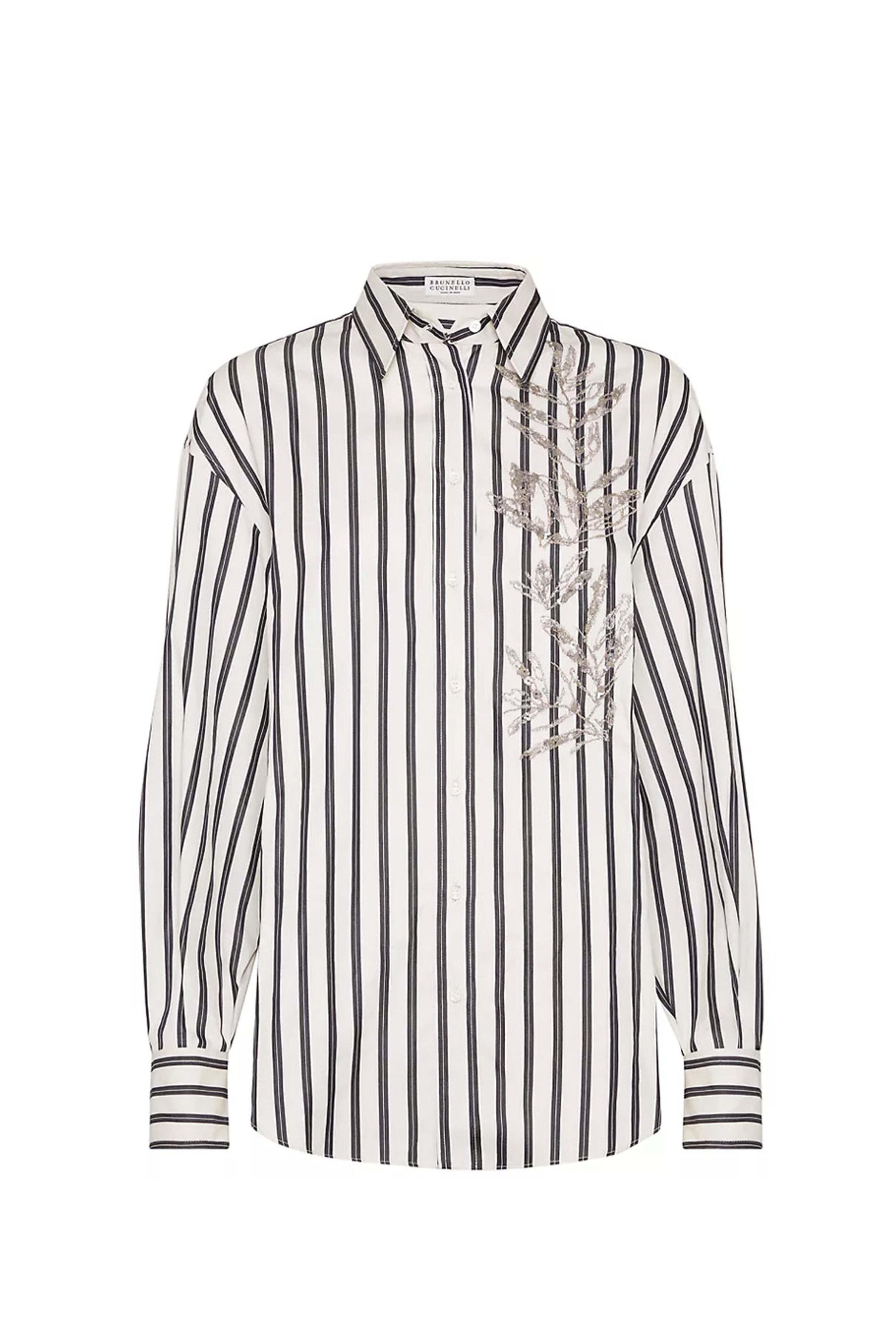 Brunello Cucinelli - White & Black Stripe Herbarium Embroidered Shirt