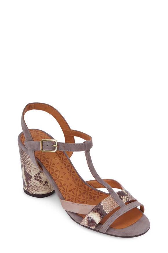 Chie Mihara - Taupe Suede & Snake Embossed Leather Sandal, 70mm