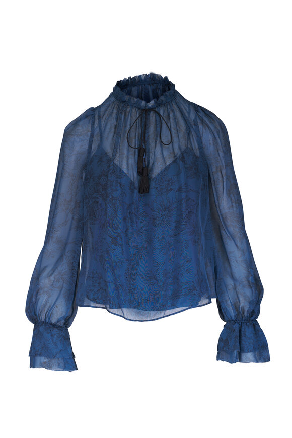 Veronica Beard Maxime Ocean & Black Floral Silk Blouse
