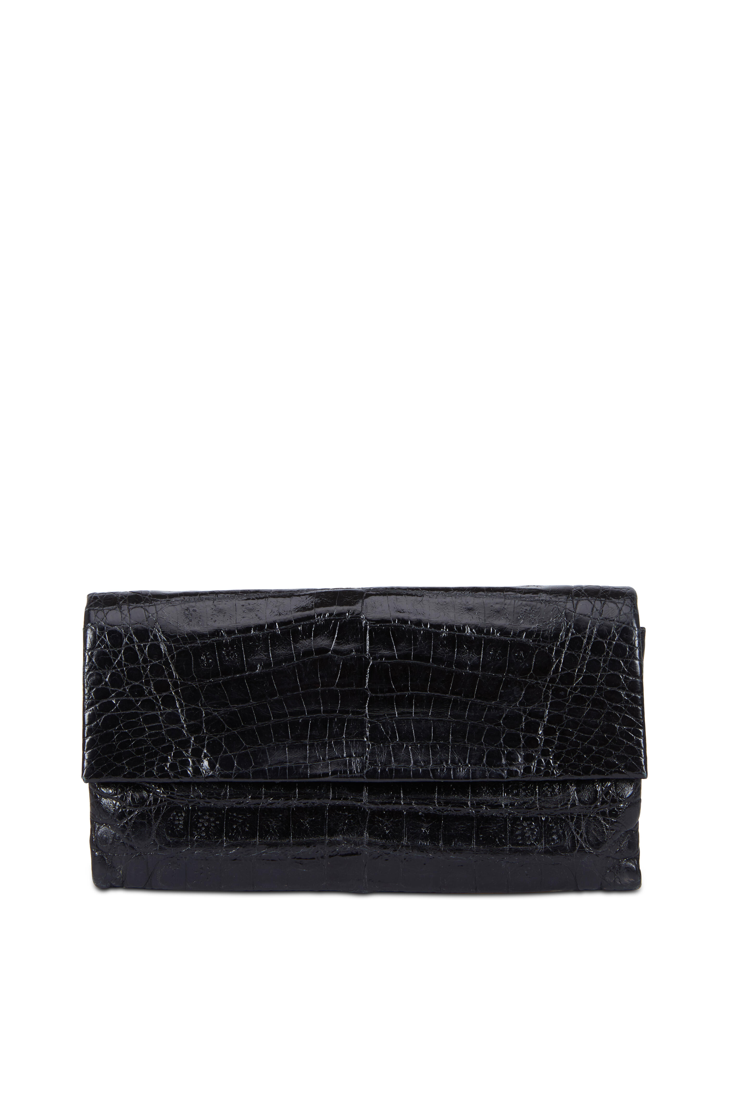 Nancy Gonzalez - Black Shiny Crocodile Foldover Clutch