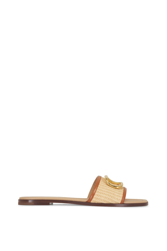 Valentino Garavani VLogo Beige & Pecan Raffia Slide - view 3