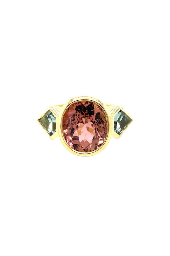 Lauren K 18k Yellow Gold Green & Pink Tourmaline Triad Ring