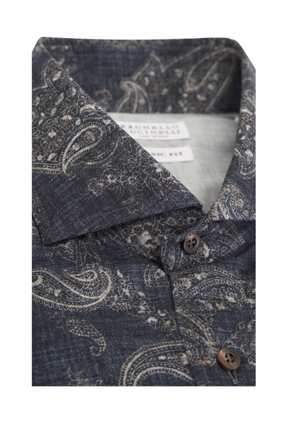 Brunello Cucinelli - Charcoal Paisley Cotton Sport Shirt