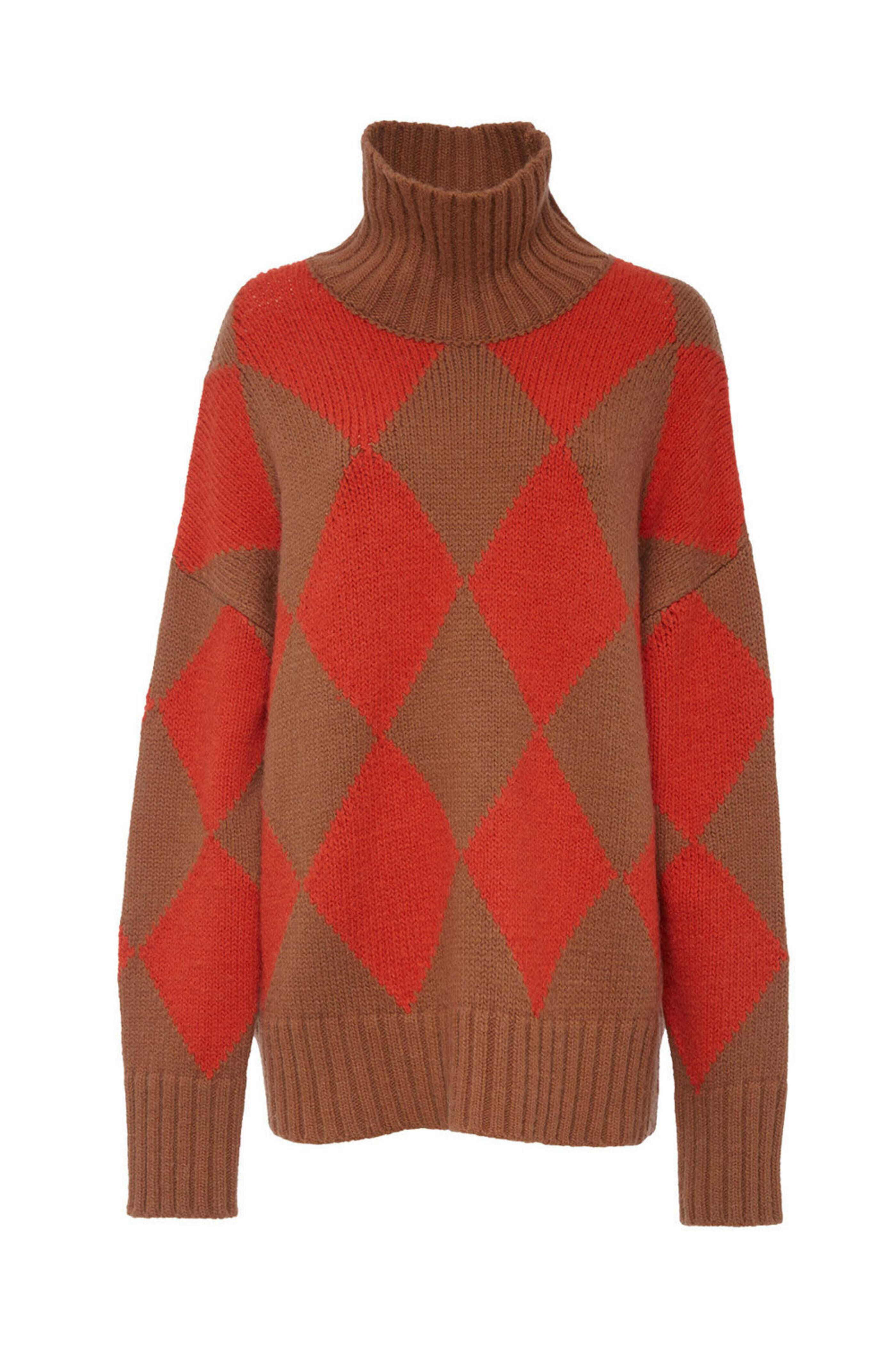 La DoubleJ - Camel and Orange Argyle Turtleneck Sweater