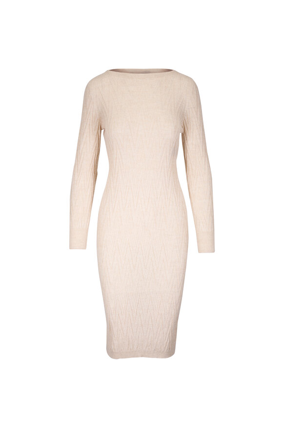 D.Exterior Cream Chevron Textured Knit Midi Dress