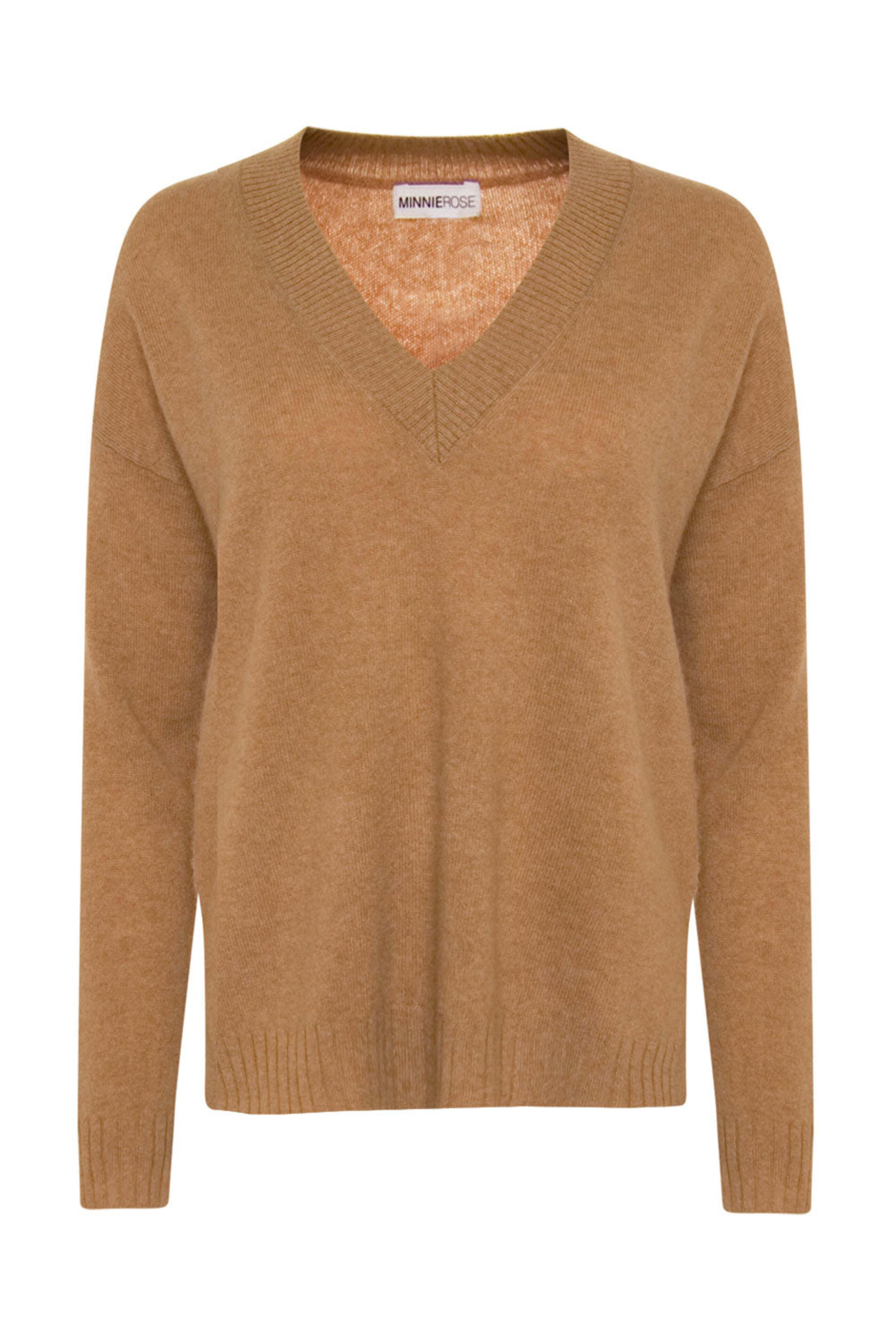 Minnie Rose - Camel V Neck Sweater