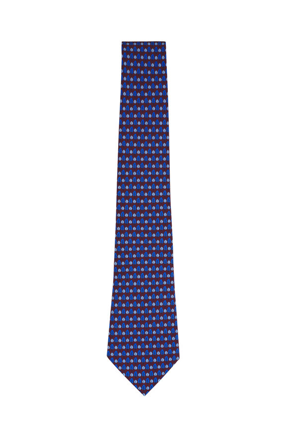 Zegna Burgundy & Blue Leaf Print Silk Necktie - view 1
