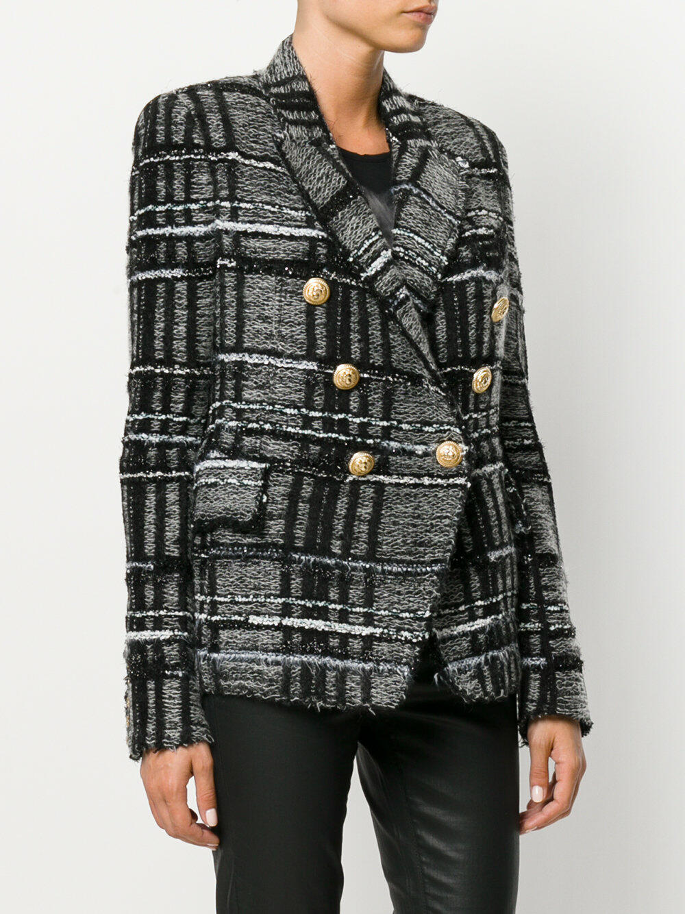 Balmain - Gray & Black Tweed Plaid Jacket | Mitchell Stores