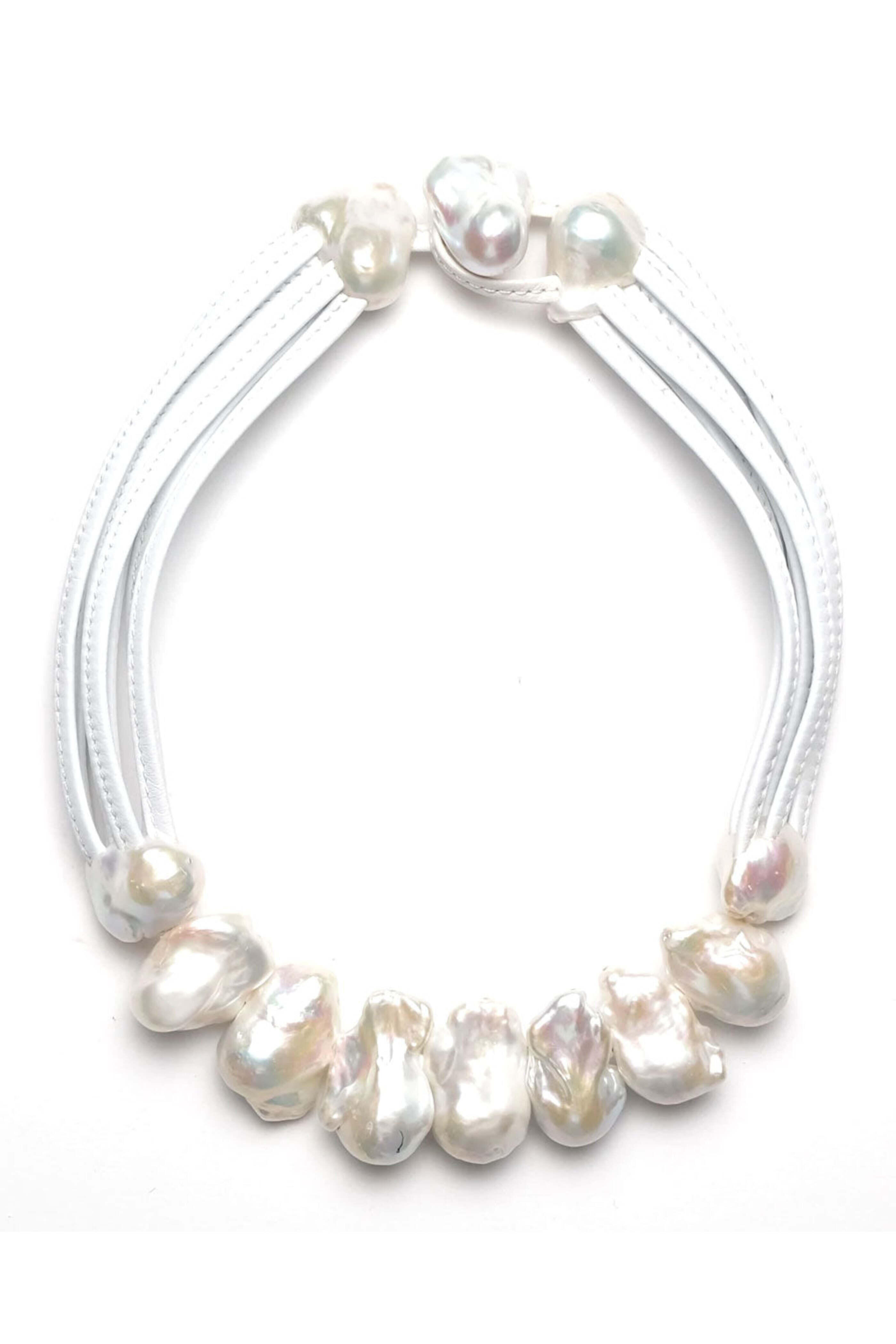 Monies - Baroque Pearl White Leather Necklace