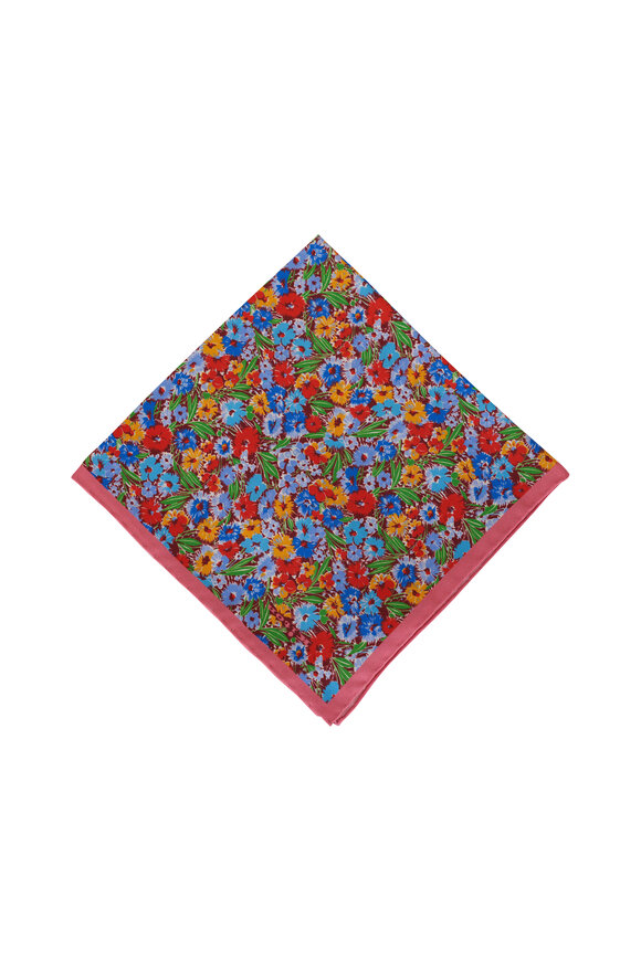 Kiton - Red Floral Print Silk Pocket Square