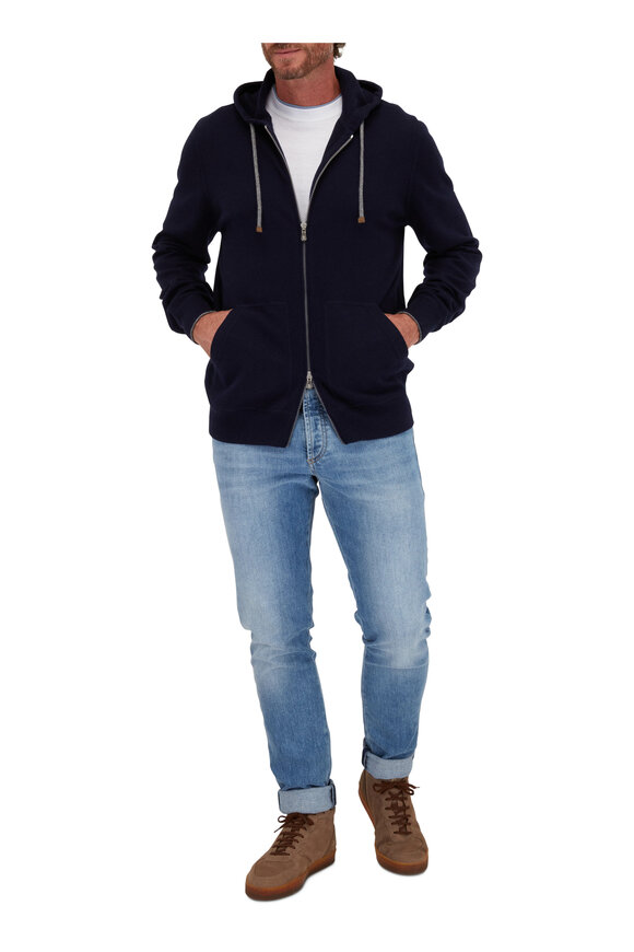 Brunello Cucinelli - Navy 2-Ply Cashmere Front Zip Hoodie