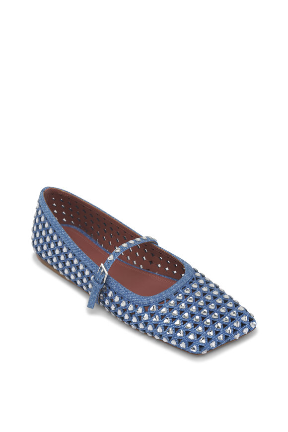 Amina Muaddi - Ane Crystal Heart Studded Denim Flat