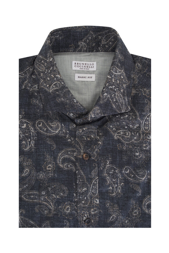 Brunello Cucinelli Charcoal Paisley Cotton Sport Shirt