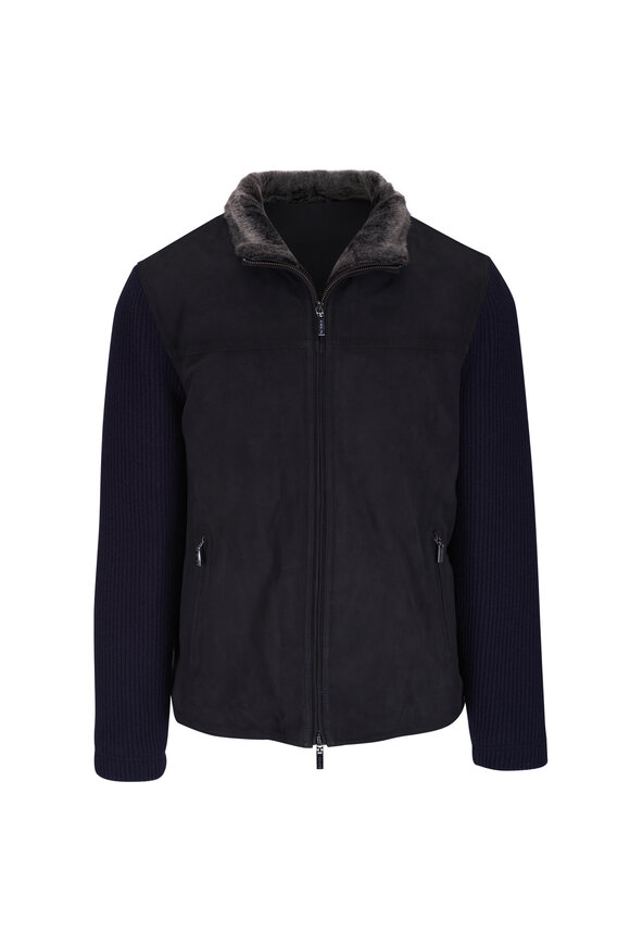 Gimos Navy Suede & Knit Front Zip Jacket