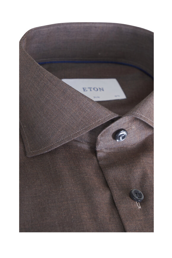 Eton Solid Dark Brown Signature Flannel Dress Shirt - view 2